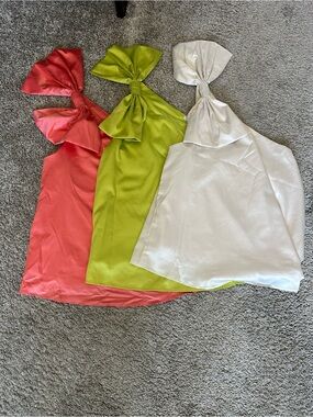 Set of 3 VENUS Satin Halters Camisole with Neck Bow in Coral, Lime & Ivory